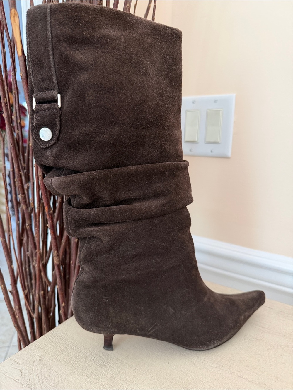 Brown Suede Slouch Knee-High Boots - Women's